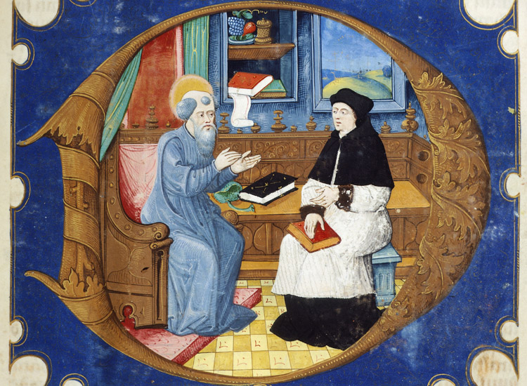 Giorgio e Sant'Ambrogio da Egmont, miniatura da Bibbia latina, Francia XVI secolo Giorgio e Sant'Ambrogio da Egmont, miniatura da Bibbia latina, Francia XVI secolo